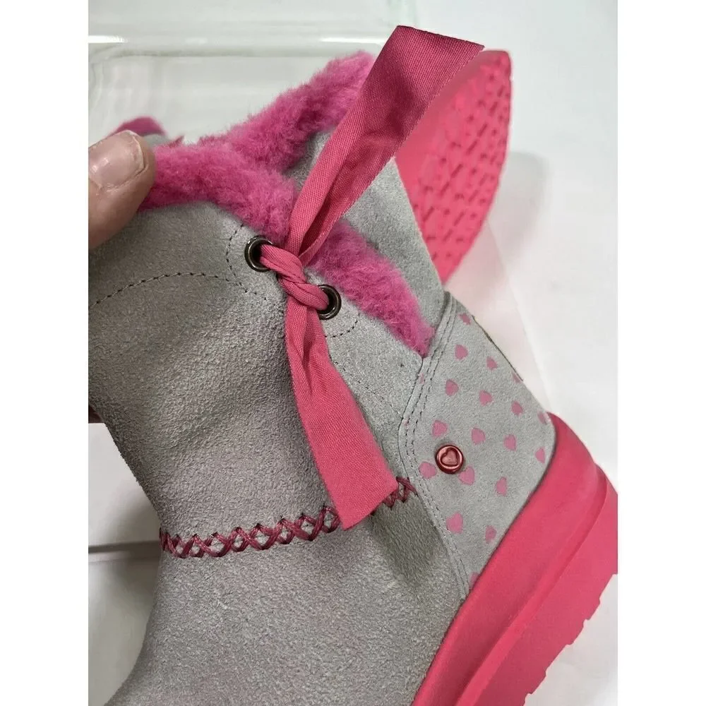 UGG Girls Knotty Boots Size 4 Youth Gray Suede Pink‎ Shearing Bow I heart